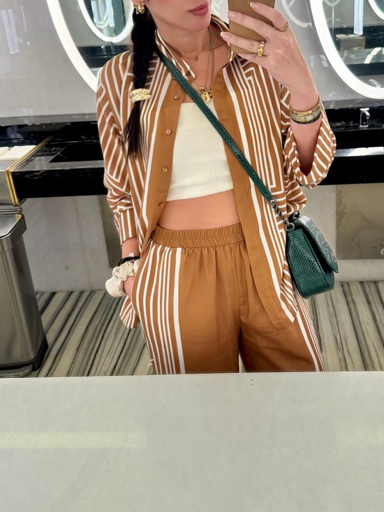 Pants - Striped Brown Relaxed-Waist Set